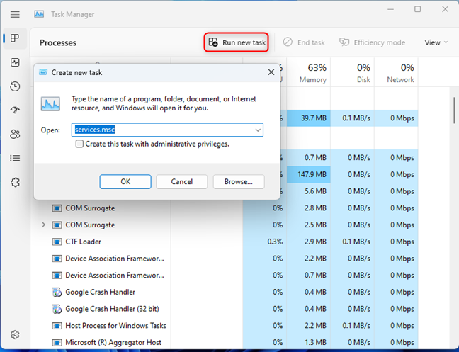 In Task Manager, go to Processes > Run new task