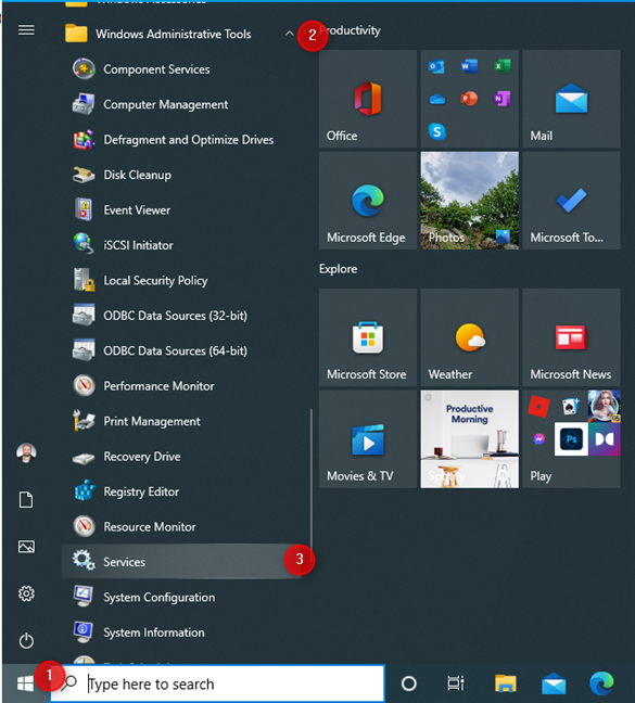 Finding Services on the Windows 10 Start Menu