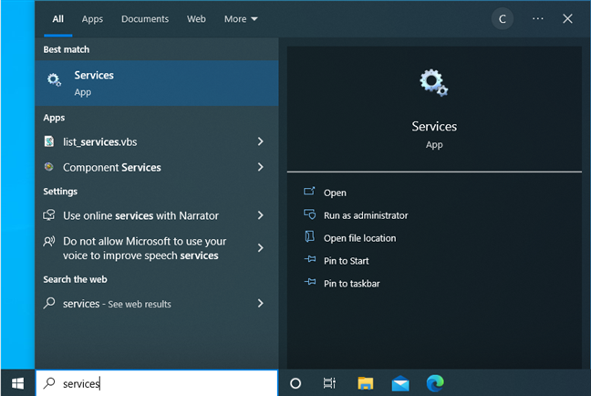 Search for services in Windows 10