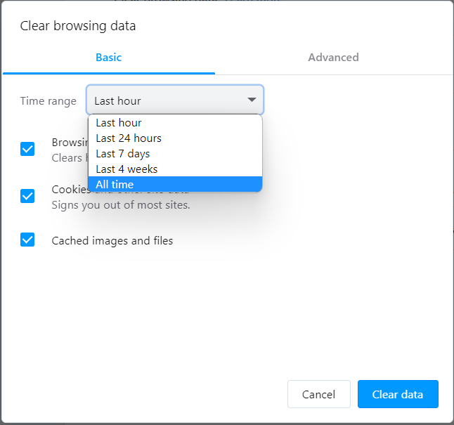 Choose the Time range and press Clear data