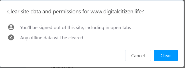 Confirm that you want to clear cookies and site data