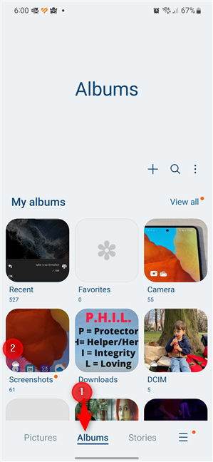 In Gallery, go to Albums and tap Screenshots