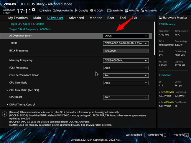 AMD EXPO settings on the AI Tweaker UEFI page of an ASUS motherboard