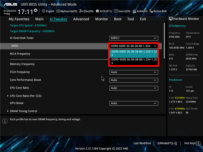 Selecting an AMD EXPO memory profile on an ASUS motherboard