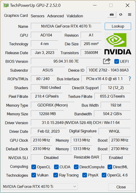Tech specs of the ASUS TUF Gaming GeForce RTX 4070 Ti 12GB GDDR6X OC Edition