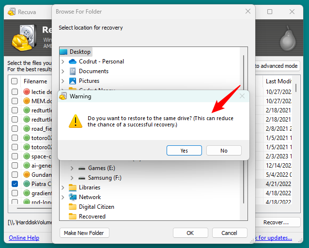 When attempting to restore deleted files, recover them to a different drive