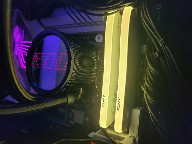 The Kingston FURY Beast DDR4 RGB Special Edition memory with its RGB lights turned on