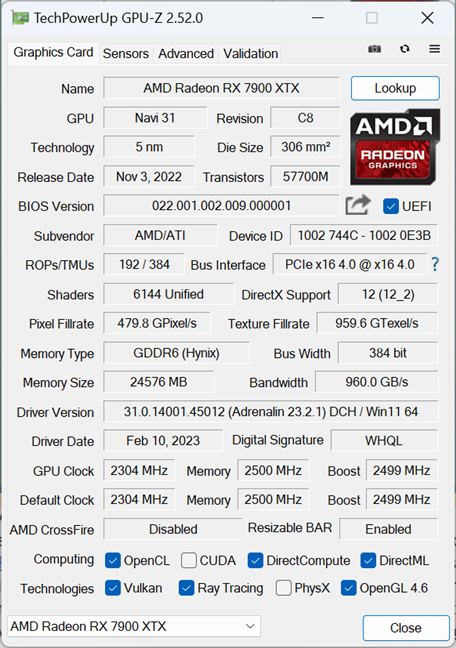AMD Radeon RX 7900 XTX: Tech specs