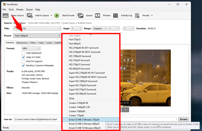 Choosing a video preset in HandBrake