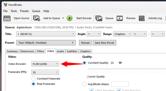 Choosing to use the H.264 video encoder