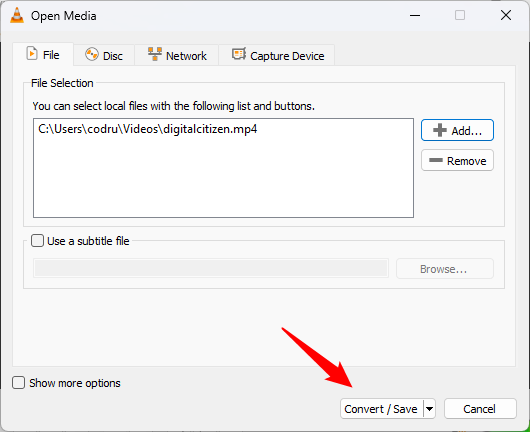The Convert / Save button from VLC’s Open Media window