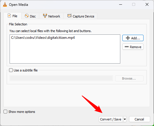 The Convert / Save button from VLCâs Open Media window