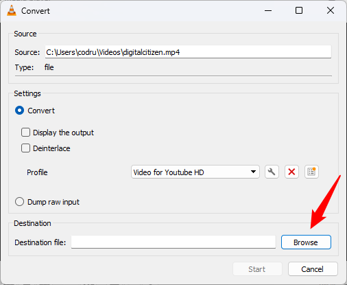 The Browse button from VLCâs Convert window