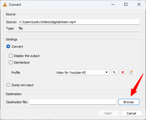 The Browse button from VLCâ€™s Convert window