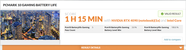 The result obtained in the Gaming battery life test