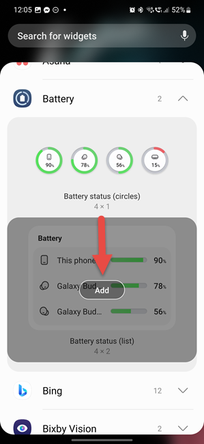 Choose between Battery status (circles) and Battery status (list)