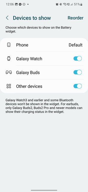 Choose the devices included in the Battery widget