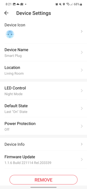 The device settings for Tapo P115