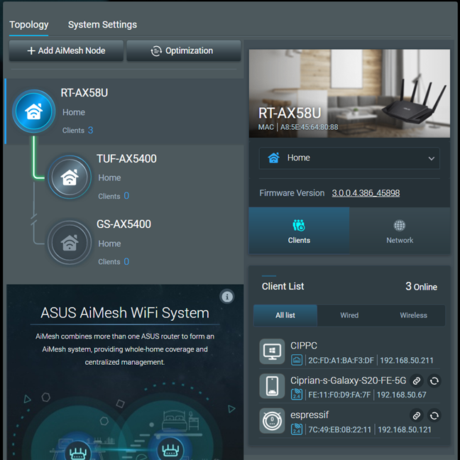 The topology of an AiMesh network made with ASUS routers