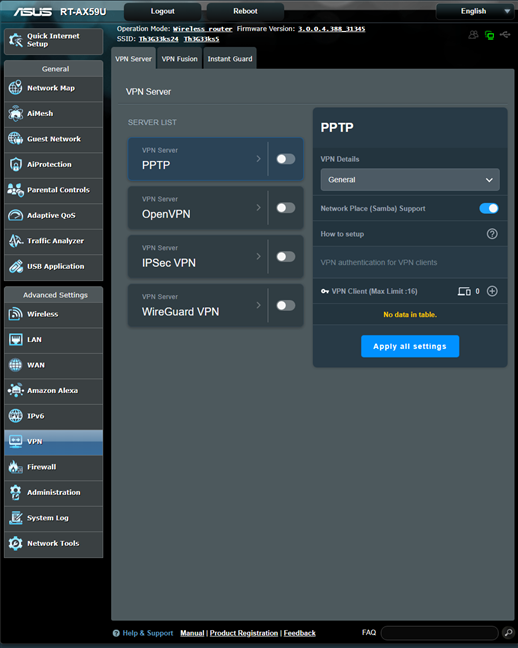 ASUS RT-AX59U has many VPN-related features