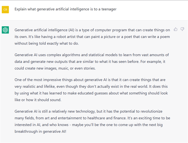 ChatGPT explaining generative artificial intelligence