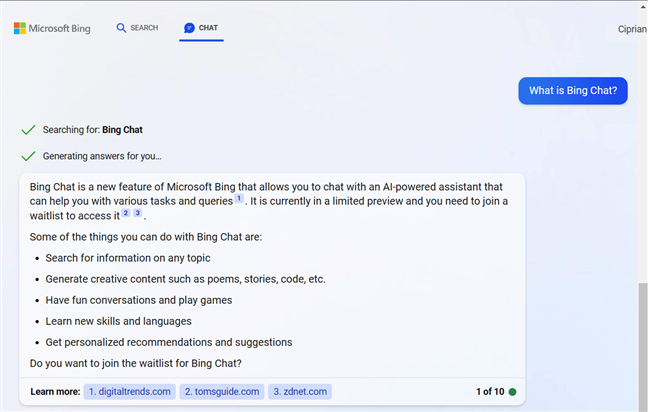 What Bing Chat has to say about itself