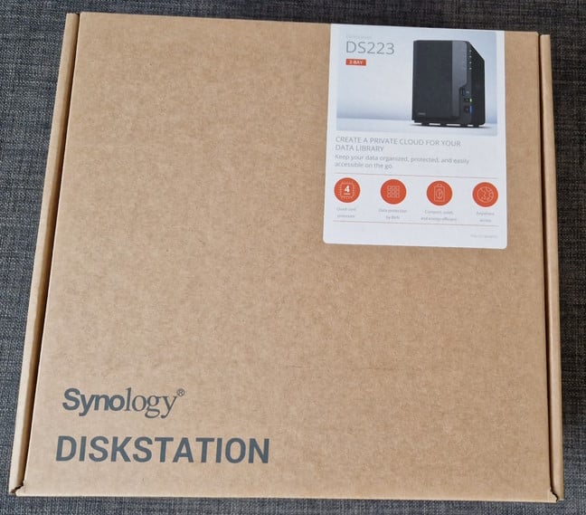 The packaging for Synology DiskStation DS223 is simple