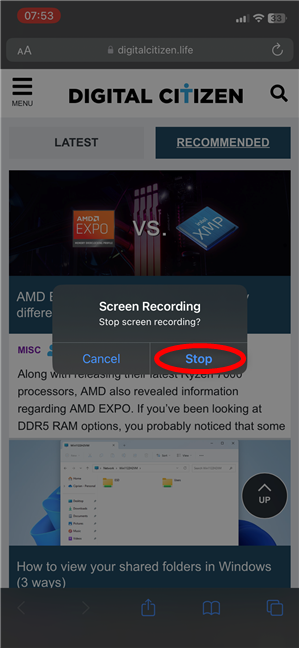 Confirm stopping screen record on iPhone