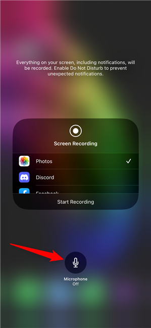Use the Microphone button to create an iPhone screen recording with the sound of your voice