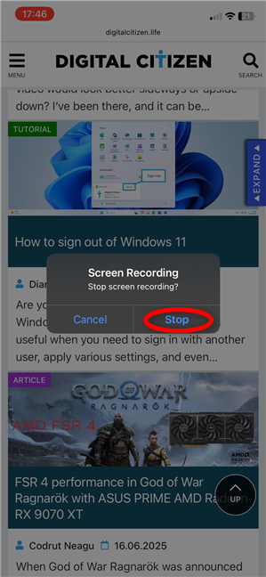 Confirm stopping screen record on iPhone