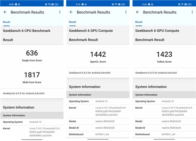 Benchmark results in Geekbench 6