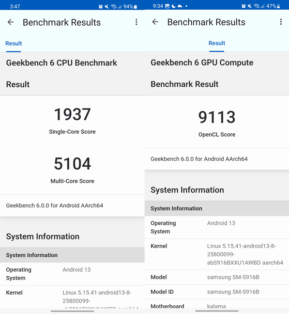 Geekbench results