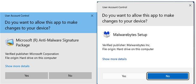 The UAC prompt in Windows 10 (left) and Windows 11 (right)