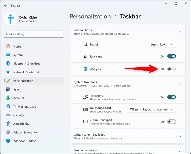 Use the Settings app in Windows 11 to disable Widgets