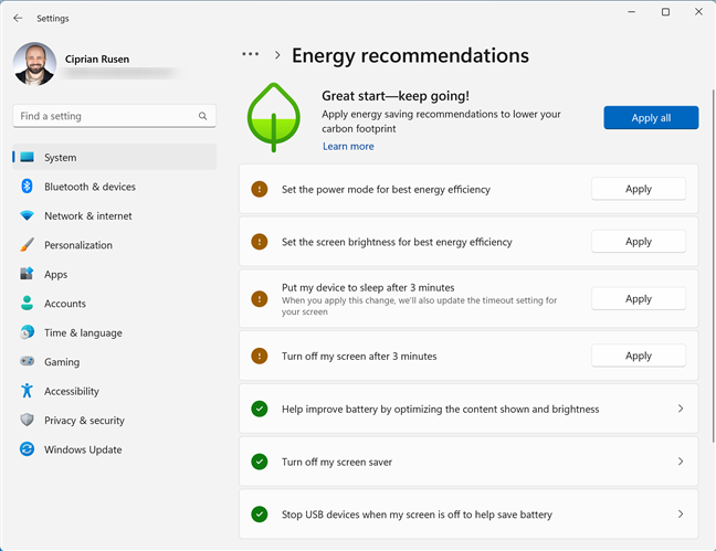 Energy recommendations for laptop users