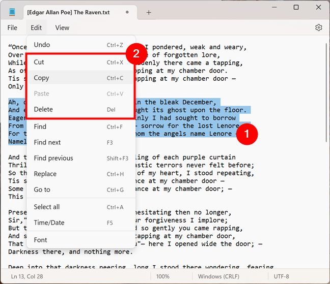 Cut, copy, paste, and delete text in Notepad