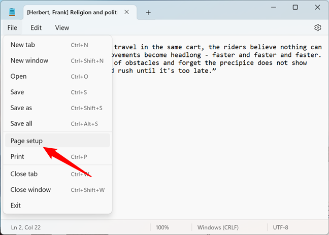 Page setup in Notepad for Windows 11