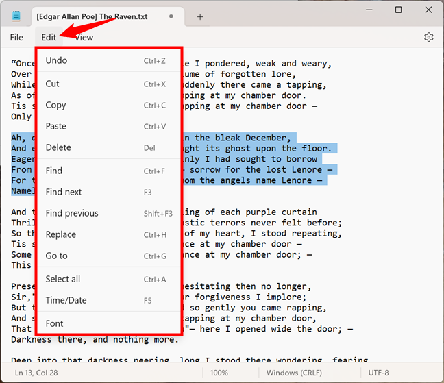Editing options available in Notepad for Windows 11