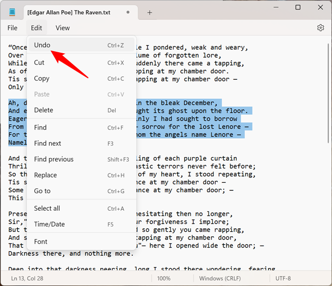 Undo changes in Notepad