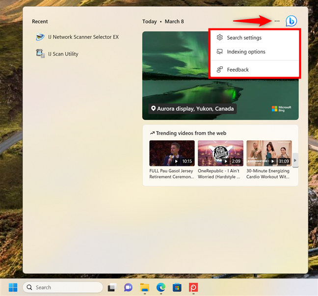 The Options menu from Windows 11's Search