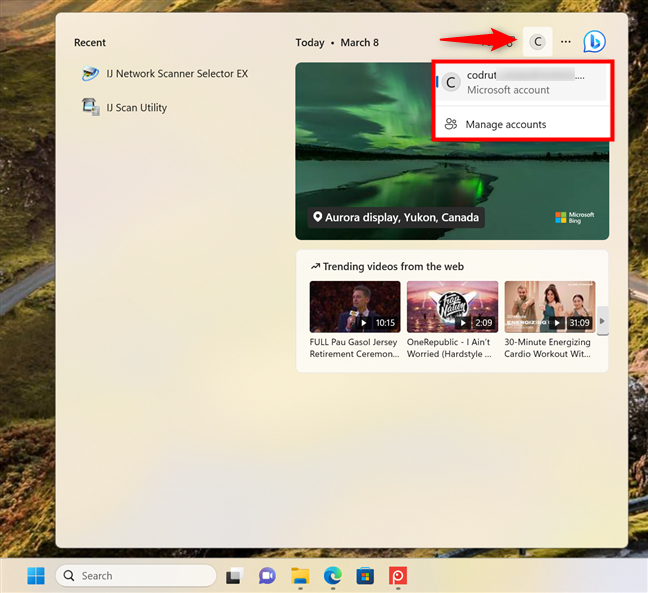 Change the account you're using in Windows 11 Search