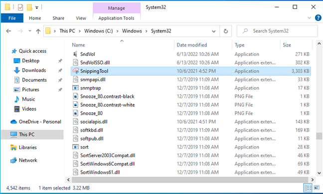 The path to the SnippingTool.exe file in Windows 10