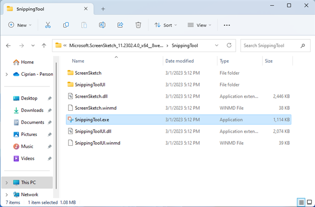The path to the SnippingTool.exe file in Windows 11