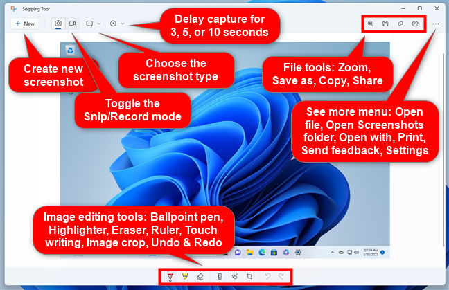 The image editing interface of Snipping Tool