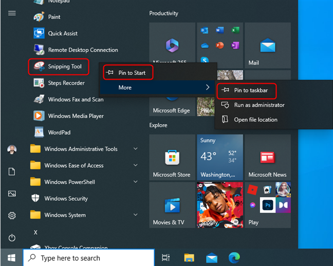 Pin Snipping Tool to the taskbar or Start Menu in Windows 10