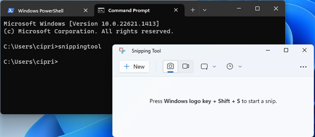 Run snippingtool from CMD, PowerShell, or Terminal