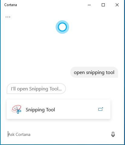 Ask Cortana to open Snipping Tool