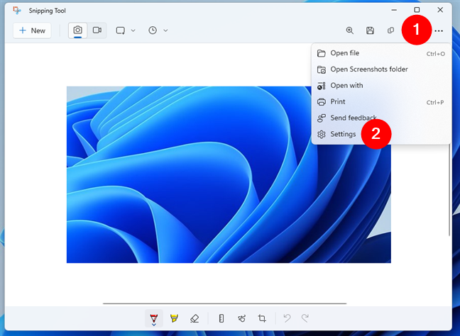 How to open Snipping Tool's Settings when editing a screenshot