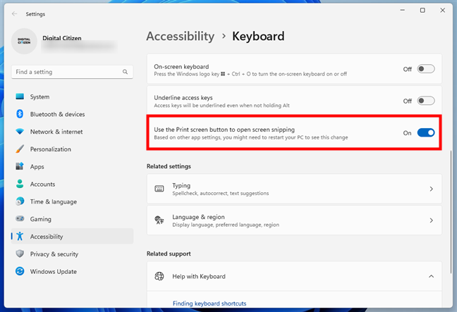 Enable or disable PrtScn for Snipping Tool