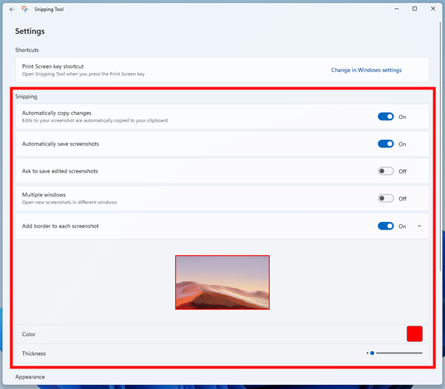 Snipping settings available in Windows 11's Snipping Tool